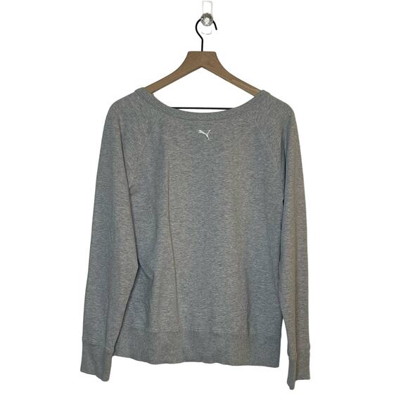 PUMA Sweatshirt Womens Size Large Gray White Spellout Logo Knit Stretch Pullover - Picture 2 of 5